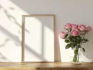 Spring flowers in a glass vase on a wooden table next to an empty wooden frame in a modern elegant Scandinavian interior. Shadow from the window