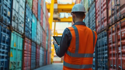 A male worker using a tablet works in a seaport container yard warehouse. Container warehouse inspection. Freight transport Import and export. Logistics business for the delivery of goods by sea. - obrazy, fototapety, plakaty