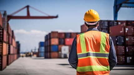 A male worker using a tablet works in a seaport container yard warehouse. Container warehouse inspection. Freight transport Import and export. Logistics business for the delivery of goods by sea. - obrazy, fototapety, plakaty