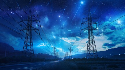 Night Scene With Power Lines and Stars in the Sky