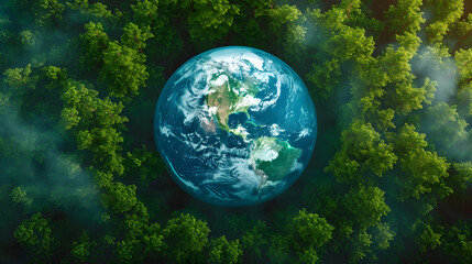 Obraz na płótnie Canvas Background of a forest with planet earth. Earth day concept, environmental care, renewable energies, ecology, sustainability and climate change.