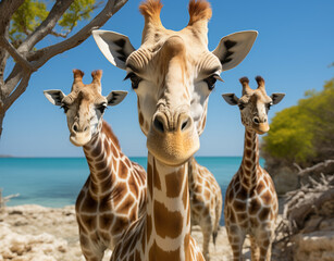 Naklejka premium Three curious giraffes create a charming and whimsical scene as they lean inquisitively towards the camera.