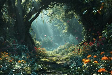 Enchanted dream gardens, blooming with fantastical flora and magical creatures - Generative AI - obrazy, fototapety, plakaty