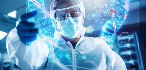 Medical technology with professional physician or doctor and hologram interactive screen.Gene dna editing.neurology research.innovation science and physics