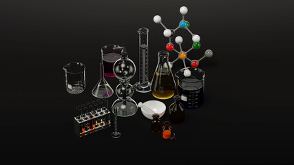 Chemical laboratory equipment with glass stills and beakers for mixing chemicals, science, study and teaching, 3d illustration, 3d rendering