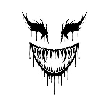 Vector isolated horror smiling devil evil face mouth with sharp tooths and devil eyes colorless black and white outline silhouette shadow shape stencil solid black