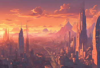Naklejka premium Futuristic Metropolis and Tower Buildings Panorama from Aerial View with Mountain at Behind in Golden Hour Sunset