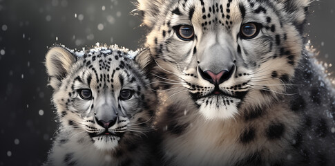 Obraz premium Scheeleopard mit Jungtier im Winter