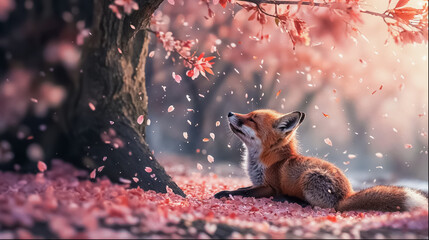 un renardeau allongé sous un cerisier qui respire le parfum des fleurs qui volent dans le vent au printemps - obrazy, fototapety, plakaty