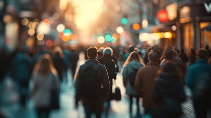 Blurred motion of people moving on a busy city street. Created with Generative Ai technology. - obrazy, fototapety, plakaty