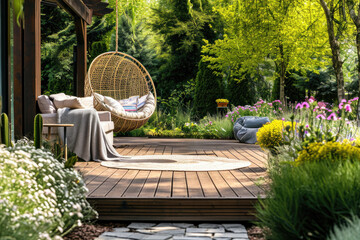 Beautiful wooden terrace with garden furniture and swing surrounded by greenery on a warm, summer day with warm sun light