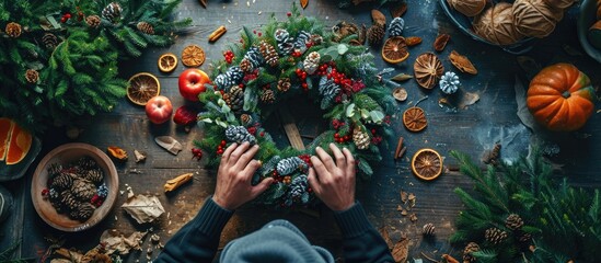An artist creates a top-down perspective Christmas wreath using spruce branches and dried fruits found on the floor. - Powered by Adobe