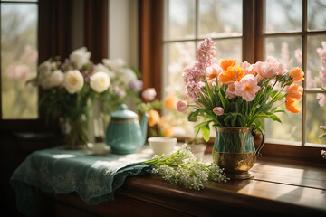 
Beautiful morning with spring flowers, window, flowers
