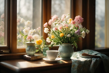 Obraz na płótnie Canvas Beautiful morning with spring flowers, window, flowers 