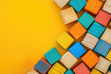 Top view on multicolor toy wooden bricks on yellow background with copy space for text. Children toys on the table. - obrazy, fototapety, plakaty