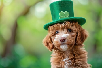 Cute labradoodle puppy dog wearing a leprechaun hat. Saint Patrick's Day theme concept. St. Patricks day with green background, Irish holiday. - obrazy, fototapety, plakaty