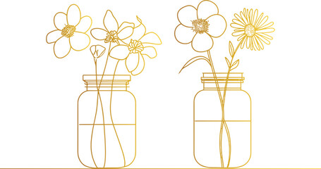 Vector Illustration Flowers in Vase  Set Line Art, Botanical Sketch Outline, Floral Arrangement Clipart, Golden Flower in jar Drawing, Decorative, vase, floral, flowerpot, pot, spring flowers