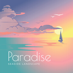 Sea sunset colorful landscape and yachts. Tourism and travel. Vacation in a tropical paradise. Vector illustration.