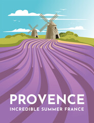 Provence lavender fields and windmills. Classic landscape of France. Tourism and travel. Poster design. Vector illustration.