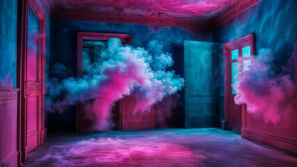 A surreal room with a blue and purple color scheme, pink smoke filling the space