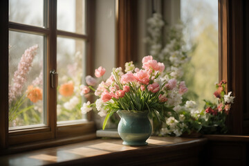 Fototapeta na wymiar Beautiful morning with spring flowers, window, flowers 