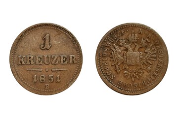 1 Kreuzer 1851 B Franz Joseph I. Coin of Austrian Empire. Obverse The double-headed eagle, lettering around outside within a beaded border.  Reverse The value above dividing line, year and mintmark be