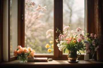 Fototapeta premium Beautiful morning with spring flowers, window, flowers 