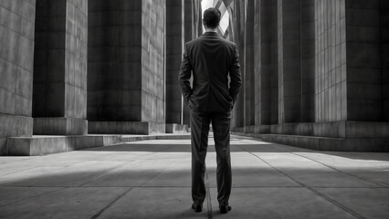 Fototapeta premium A businessman in a suit stands among modern concrete structures and looks into the distance.