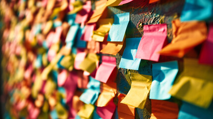 Fototapeta na wymiar Colorful sticky notes on a wall, symbolizing democracy, protest, and diverse opinions in a public space.