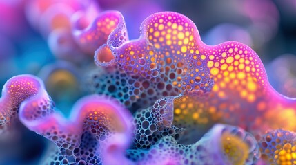 Fototapeta na wymiar Macro neon background of coral shaped organic forms. Magenta and purple wallpaper