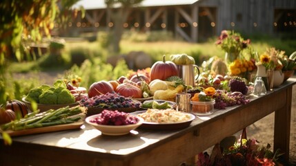 Farm-to-Table Cuisine, A rustic farm-to-table setting with fresh, organic produce and a beautifully prepared meal