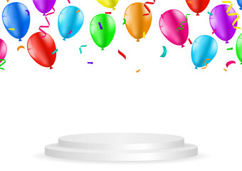 Balloons and Confetti with Stage Podium. Background for Party, Birthday, Celebration or Anniversary. Vector Illustration.