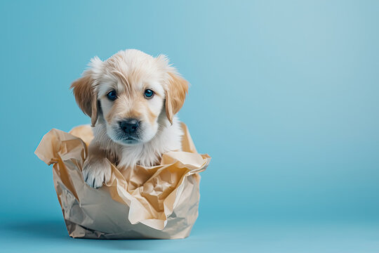 Funny cute golden retriever puppy dog with paper bags on light blue wall or paper background. Pet for shopping advertising concept