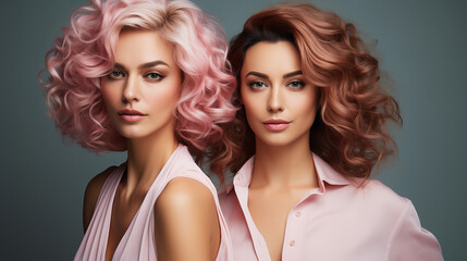 Two beautiful girls with hair coloring in blond. Stylish hairstyle curls done in a beauty salon. Beauty, cosmetics and makeup concept, copy space, advertisement, friends, lesbian - obrazy, fototapety, plakaty