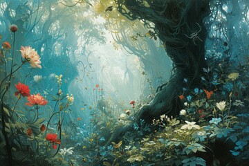 Enchanted dream gardens, blooming with fantastical flora and magical creatures - Generative AI