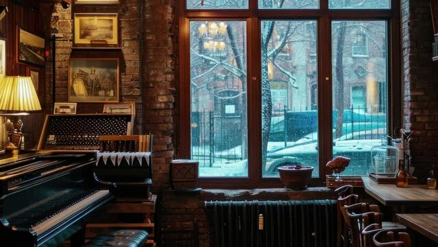 A cozy scene in a music bar with a piano, winter and it's snowing, loop animation