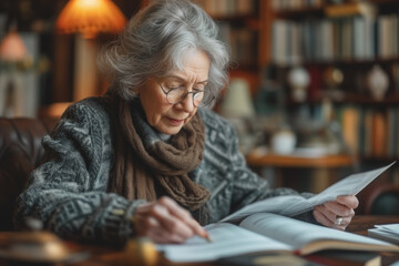 Adult senior woman holding bills, counting her expenses while sits in the living room - obrazy, fototapety, plakaty