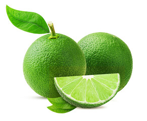 Two fresh lime whole and slice with green leaf