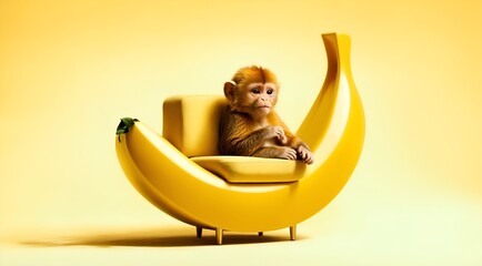a monkey sitting on a sofa designed to look like a banana.