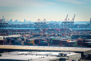 Aerial view of Shipping Containers, Newark Bay, Panamax cranes, and the Port of Newark - Elizabeth...
