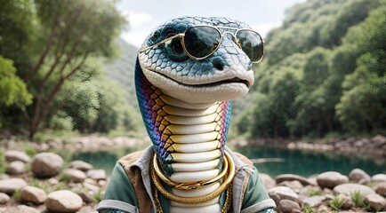 a youthful snake character wearing a gold necklace and sunglasses