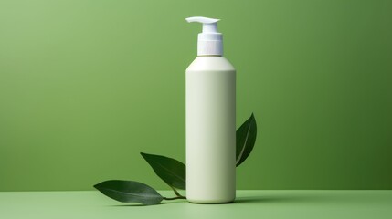 Green cosmetics. Trendy eco friendly skin care or hair care products with organic and natural elements. Cosmetic bottle and green leaves on green background. Beauty product presentation, copy space