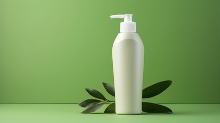 Green cosmetics. Trendy eco friendly skin care or hair care products with organic and natural elements. Cosmetic bottle and green leaves on green background. Beauty product presentation, copy space