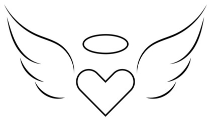 Divine halo with angel wings and heart. Power of Divine Love. Minimalistic Vector Illustration on a transparent background. - obrazy, fototapety, plakaty