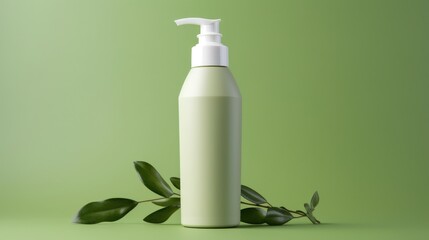 Green cosmetics. Trendy eco friendly skin care or hair care products with organic and natural elements. Cosmetic bottle and green leaves on green background. Beauty product presentation, copy space