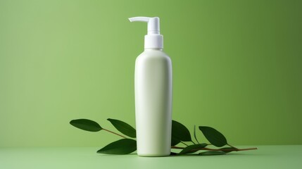 Green cosmetics. Trendy eco friendly skin care or hair care products with organic and natural elements. Cosmetic bottle and green leaves on green background. Beauty product presentation, copy space
