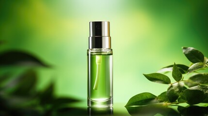 Beauty cosmetic bottle with serum skin care and green leaves on green background. Organic eco cosmetic product, sustainable, natural ingredient, trend. Space for text.