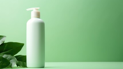 Green cosmetics. Trendy eco friendly skin care or hair care products with organic and natural elements. Cosmetic bottle and green leaves on green background. Beauty product presentation, copy space