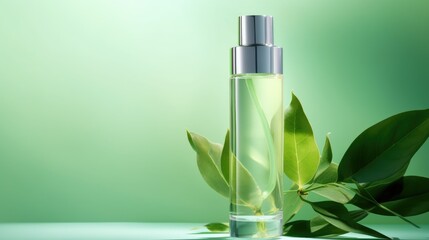 Beauty cosmetic bottle with serum skin care and green leaves on green background. Organic eco cosmetic product, sustainable, natural ingredient, trend. Space for text.