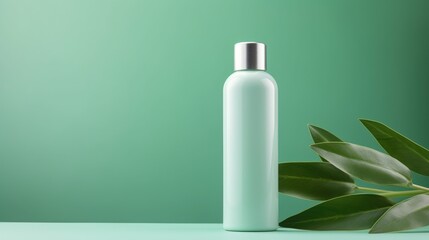 Green cosmetics. Trendy eco friendly skin care or hair care products with organic and natural elements. Cosmetic bottle and green leaves on green background. Beauty product presentation, copy space